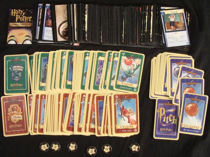 Harry Potter Card Game QuidditchTrading Card Game: Grab your broomstick and prepare to fly in this card version of the popular sport played at Hogwarts School of Witchcraft and Wizardry. It's Gryffindor against Slytherin as players score goals with qu