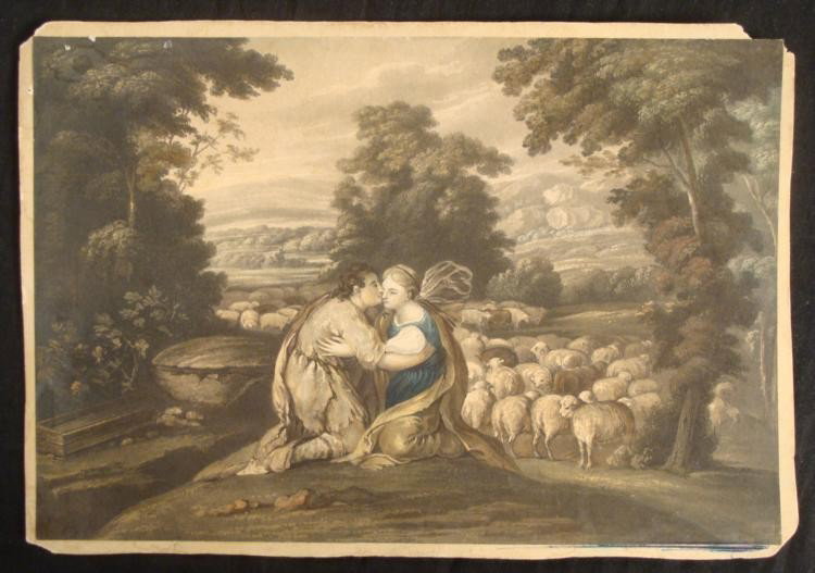 Murillo Antique Bibilical Art Print Jacob & Rachel 1818: This print portrays Jacob and Rachel from the book of Genesis, portrayed in a lover's embrace in the field where Rachel and her family tended sheep. This image is from the original which hangs in the 