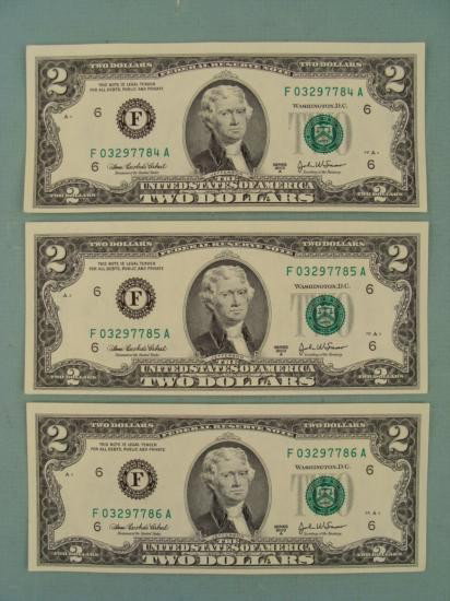 3 Consec # CU 2003 A $2 Bills Notes F Mint Atlanta: (3) 2003-A $2 bills * * Serial numbers: Consecutive (exact serial number might be different from that shown) * Mint mark: F (Atlanta) * Grade: Crisp Uncirculated