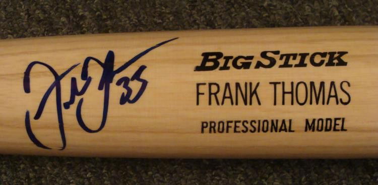 Frank Thomas White Sox Signed Baseball Bat Rawlings: This baseball bat was signed by retired White Sox first baseman Frank Thomas #35 in blue Sharpie. This bat is a Rawlings (Adirondack) Big Stick Professional Model. It is in excellent condition.