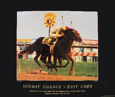 1990 Nickelback Sunday Silence & Easy Goer Poster: Reference #: ULYY9670 Artist Name: Nickelback, Peter Title: Sunday Silence and Easy Goer Medium: Offset Lithograph Edition Size: Unknown Year: 1990 Paper Size: 24 x 32 inches Image Size: 16.75 x 2