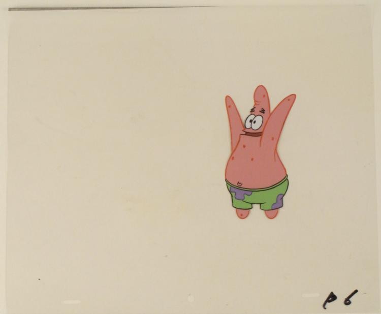 Patrick Arms SpongeBob Original Cel Production Art Up: This original animation cel is from the Nickelodeon TV show SpongeBob Squarepants. The story takes place under the deep blue sea in Bikini Bottom, where SpongeBob resides. Sp