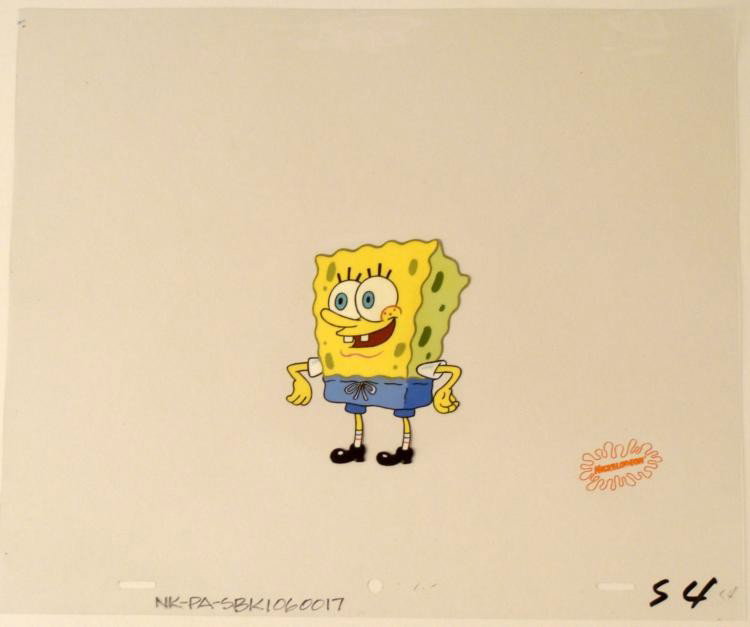 Production Art Cel Original Smiling SpongeBob Swimsuit: This original animation cel is from the Nickelodeon TV show SpongeBob Squarepants. The story takes place under the deep blue sea in Bikini Bottom, where SpongeBob resides. Sp