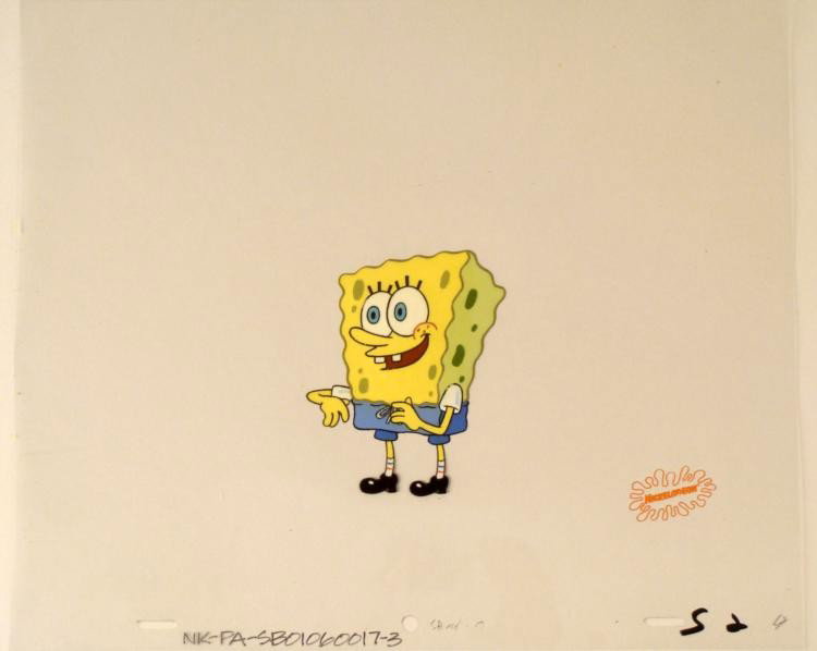 Production Original Art Cel SpongeBob Swimsuit On Smile: This original animation cel is from the Nickelodeon TV show SpongeBob Squarepants. The story takes place under the deep blue sea in Bikini Bottom, where SpongeBob resides. Sp