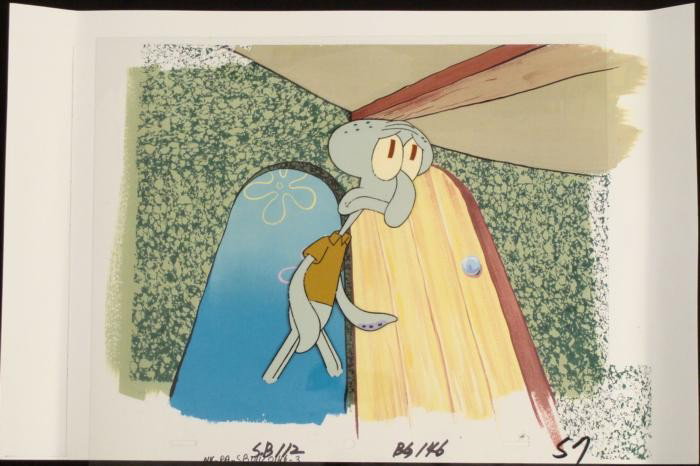 Anxious Original Animation Art Cel SpongeBob Background: This animation cel and reproduction background are from the Nickelodeon TV show SpongeBob Squarepants. The story takes place under the deep blue sea in Bikini Bottom, where Sponge