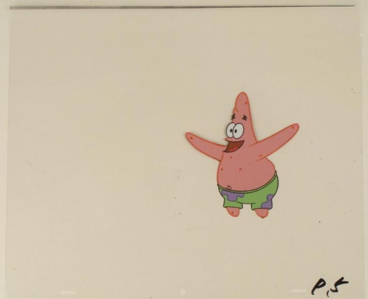 SpongeBob Original Animation Cel Patrick Arms Out: This original animation cel is from the Nickelodeon TV show SpongeBob Squarepants. The story takes place under the deep blue sea in Bikini Bottom, where SpongeBob resides. SpongeB