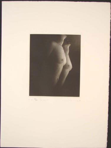 2 Nude Women THE WIND Mikio Watanabe Art Mezzotint: "During the slow process of engraving, as I scrape the burrs that I have incised on the copper plate and then polish it, the sensitivity which lies inside me can be revealed. Giving shape and light to