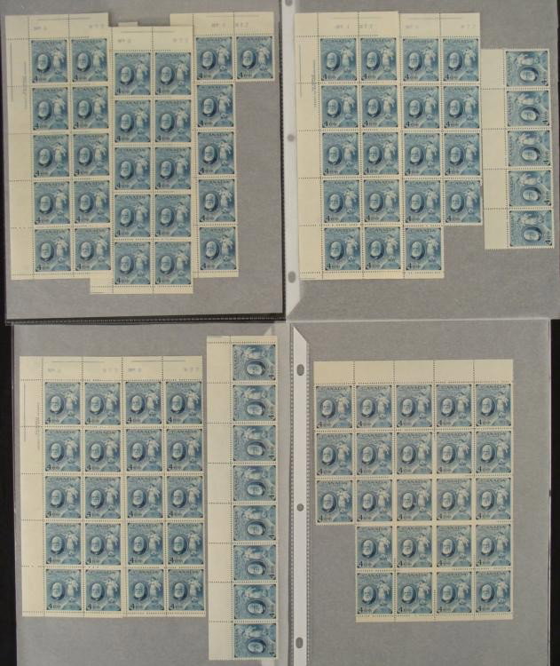 103 Canada Alexander Graham Bell 4 Cent Stamps Sheets: This is a large collection of 103 Alexander Graham Bell Canadian 4 cent stamps. They come together in various groups: 23, 20, 10 (x3), 9, 8, 6, 5 All are Mint, and hinged on paper, and some are in pla