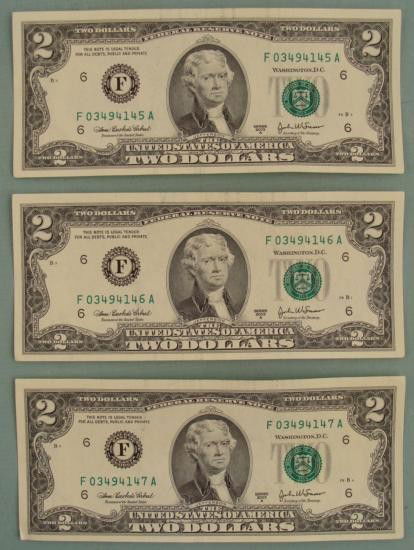 3 Consecutive # 2003 A $2 Bills Notes Atlanta Mint CU: (3) 2003-A $2 bills, with consecutive serial numbers * * Mint mark: F (Atlanta) * Grade: Crisp Uncirculated * * Exact serial number might be different from the one shown