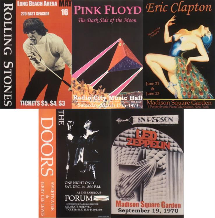 5 Concert Posters Doors Clapton Stones Zeppelin Floyd: These are 5 reproductions of original concert posters from some rock legends. * * Size: 12" x 18" Medium: Heavy Poster Stock Condition: Excellent The artists include: Led Zeppelin (Madison Square Gard