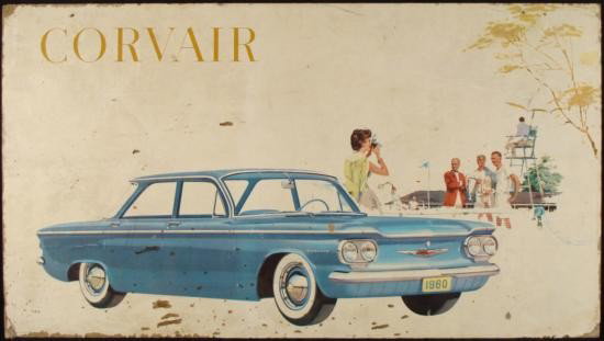 Chevy Corvair 1960 Showroom Vintage Car Auto Sign: A classic ad for a classic car! Measuring 32" x 18", this showroom poster advertises the 1960 Chevrolet Corvair. Despite being Motor Trend's Car of the Year, it would be retired at the end of the deca