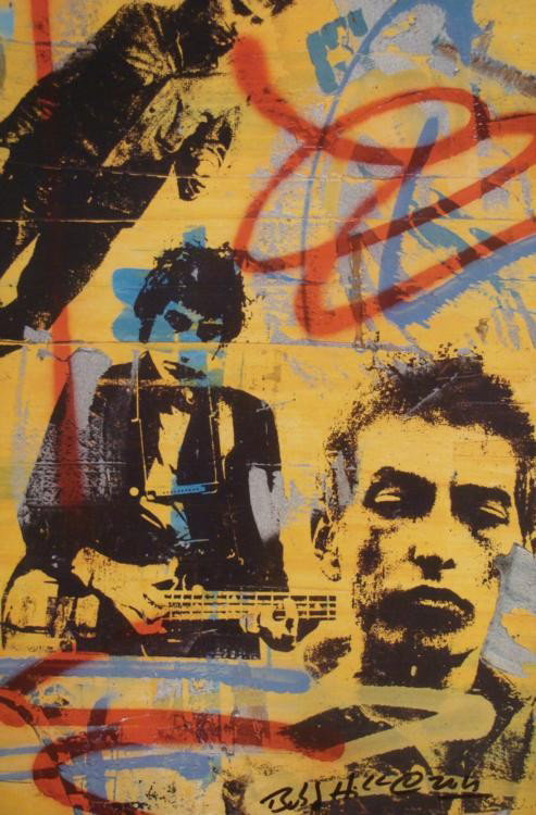 Bobby Hill Signed Small Art Print Bob Dylan Pop Art: This is a Pop Art image of the legendary Bob Dylan, with photo images from his early days collaged onto a vivid background. It has streaks of bright primary colors, and an urban feel. * Artist: Bobby 