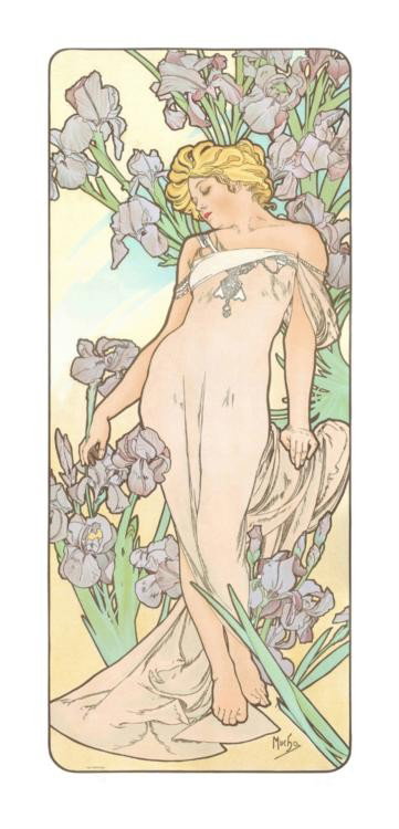 Alphonse Mucha : Iris, Flower Series, 1898 Art Print: Artist: Alphonse Mucha * Title: Iris, Flower Series, 1898 * Image Size: 40 x 16.375 inches. * Paper Size: 46 x 22 inches. * Notes: Lithograph
