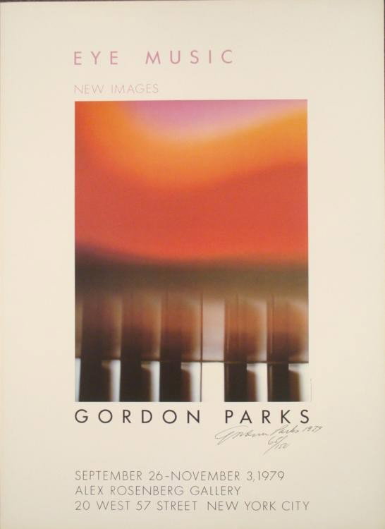 Gordon Parks Signed Eye Music Art Exhibition Poster: This poster portrays a hint of keyboard, with musical inspiration above in the form of bright red. It is from the artist's exhibition at Rosenberg Gallery, New York. Artist: Gordon Parks Signature: In