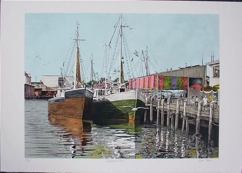 FISHERMAN'S WHARF Signed Marine Art Print Mark Stevens: This appealing marine wharf scene is by Mark Stevens: * Title: "Fisherman's Wharf" * Lithography on Lana watermarked paper * Artist's signature in pencil LR * Numbered in pencil LL * Title written in 