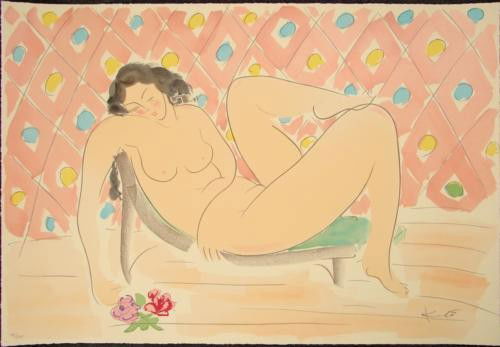 Muramasa Kudo RECLINING WITH ROSES Signed LE Art Print: Here's a beautiful limited edition signed fine art print - with a definite bow to Henri Matisse - by talented Japanese painter and calligraphy master, Muramasa Kudo: Title: "Reclining with Roses" Seri