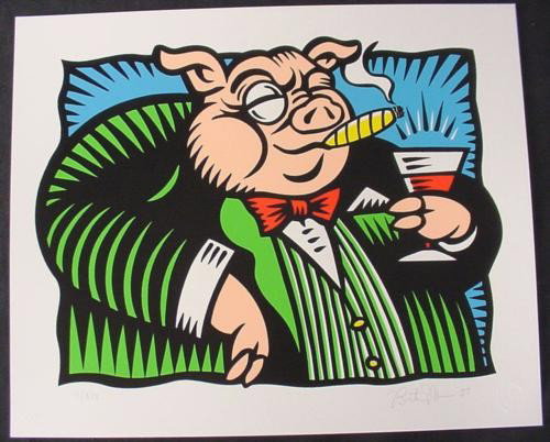 PIG Morris HERD ON Wall STREET Pop Art Stock Market: This fabulous image is from popular Pop artist Burton Morris' "HERD ON THE STREET PORTFOLIO" — * "The Pig" * 1997 * Screenprint (serigraph) on paper * Signed by the artist and numbered from an e
