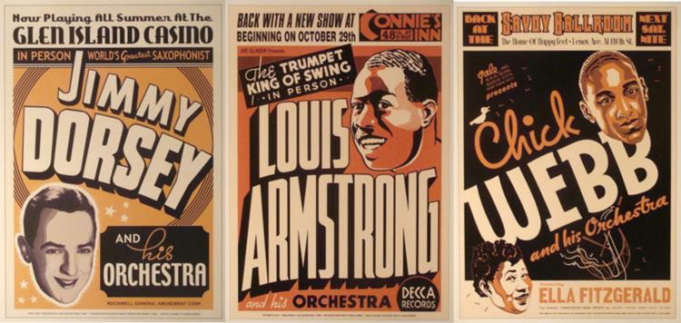 3 Jazz Concert Posters Armstrong Dorsey Webb: These 3 Jazz Concert Posters are from the Golden Age of jazz, and feature some giant stars and memorable concerts. * Medium: Print on heavy poster stock Size: 17" x 24" Publisher: Jazz Age Editio