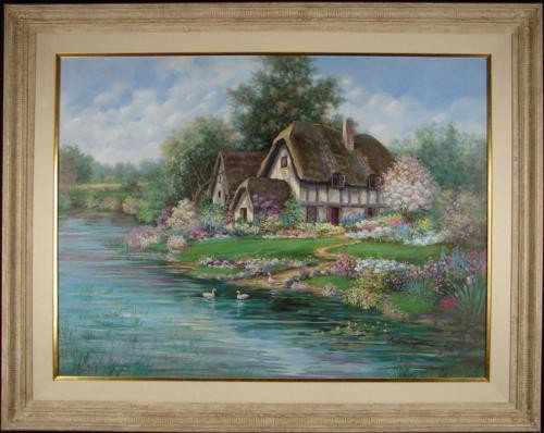 Earlene Moses Original Painting ENGLISH FARMHOUSE Art: Offered here is a signed original oil painting by the popular artist, Earlene Moses: * Title: "The English Farmhouse" * Oil on canvas * Signed in the paint LR * Framed size: 47 × 59 * Canvas siz