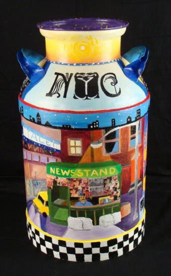 Linnea Pergola Original Milk Can Spring Street Station: Artist Linnea Pergola has transformed this old milk can into a unique work of art. A scene of the Spring Street Station subway stop in Manhattan has been painted right onto the can. The newspaper stan