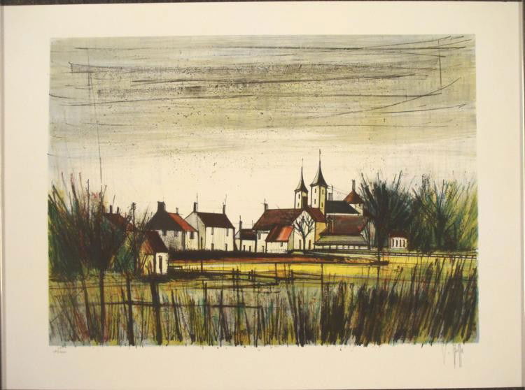 Bernard Buffet Signed, Numberd Art Print French Village: This Buffet print portrays a French village in the artist's customary vivid colors, and energetic lines. * * Artist: Bernard Buffet Signature: In pencil, lower right Medium: Print on paper Sheet Size: