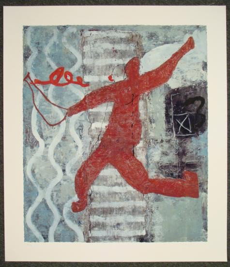 Zhou Brothers Giclee Abstract Art Print "Swimming Pool": This is a Giclée Art Print by the Zhou Brothers. This red figure moves boldly on the cool blue background of a swimming pool, enhanced by red and black embellishments. Artist(s): The Zhou Brother