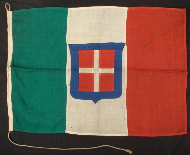 WWII Original Italian Naval Ensign Flag Italy 1940s: This is an original WWII era Italian Naval Ensign flag. It was brought back from Italy after the war. The design has the traditional Kingdom of Italy stripes, with shield at the center. This was the f