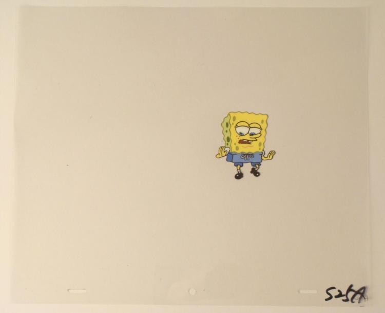 Slow Walk SpongeBob Animation Cel Original Art Backward: This original animation cel is from the Nickelodeon TV show SpongeBob Squarepants. The story takes place under the deep blue sea in Bikini Bottom, where SpongeBob resides. Sp