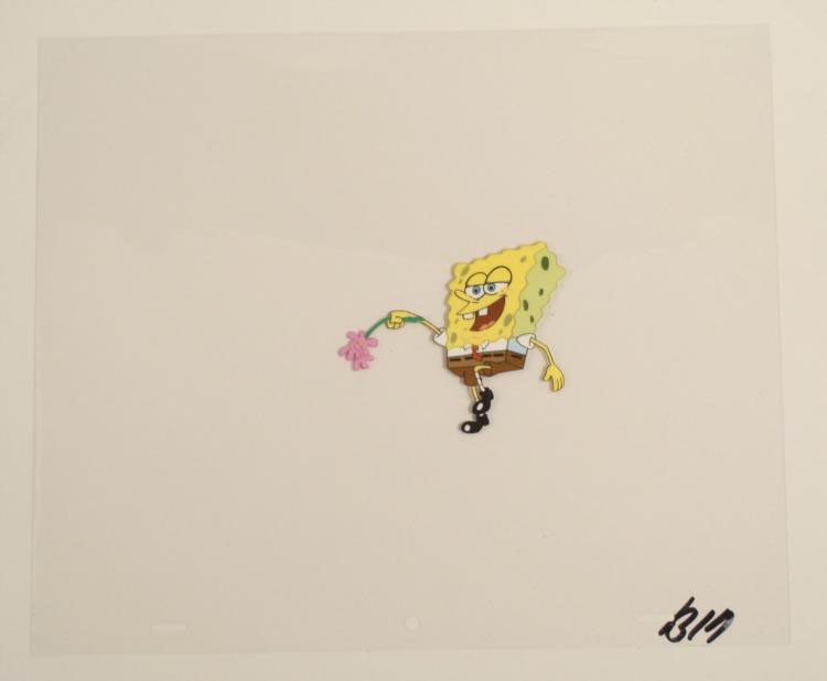 Original SpongeBob Frolicking Cel Art Flowers Animation: This original animation cel is from the Nickelodeon TV show SpongeBob Squarepants. The story takes place under the deep blue sea in Bikini Bottom, where SpongeBob resides. Sp