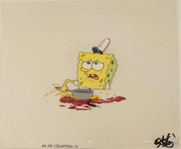 Spongebob Cel Here Goes Nothing Production Original Art: This original animation cel is from the Nickelodeon TV show SpongeBob Squarepants. The story takes place under the deep blue sea in Bikini Bottom, where SpongeBob resides. Sp