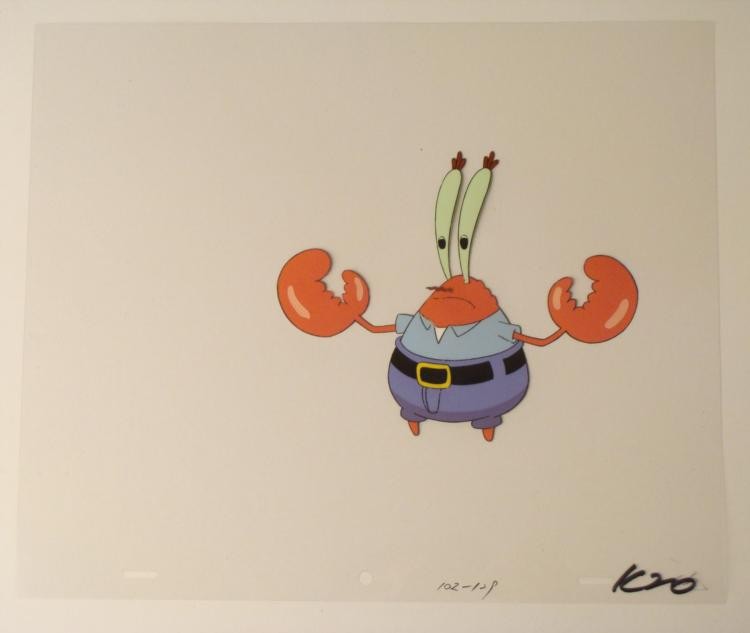 SpongeBob Original Animation Cel Krab What Is Up: This original animation cel is from the Nickelodeon TV show SpongeBob Squarepants. The story takes place under the deep blue sea in Bikini Bottom, where SpongeBob resides. Sp
