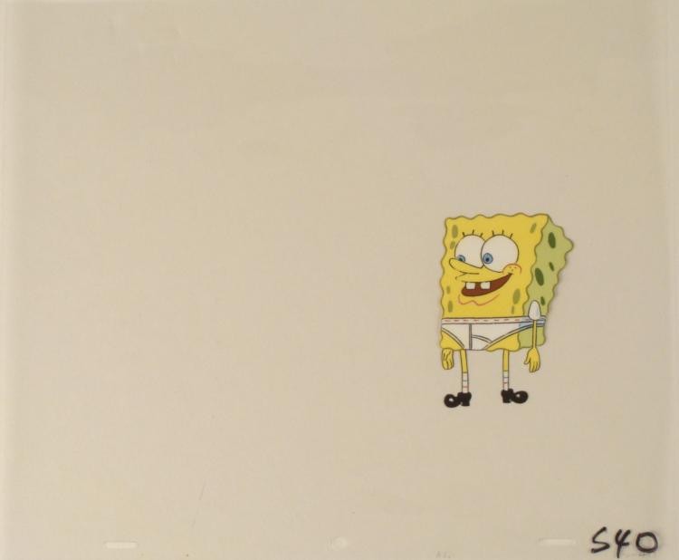 Cel Spongebob Chilling in Underwear Animation Original: Squarepants. The story takes place under the deep blue sea in Bikini Bottom, where SpongeBob resides. SpongeBob, who is a yellow, porous sponge, is your typical happy-go-lucky characte