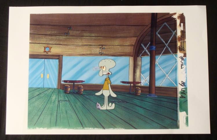 Angry Squid Original Animation Cel SpongeBob Background: This animation cel and reproduction background are from the Nickelodeon TV show SpongeBob Squarepants. The story takes place under the deep blue sea in Bikini Bottom, where Sponge