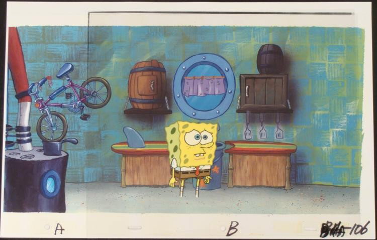 Original SpongeBob Sad Face Cel Background Production: This animation cel and reproduction background are from the Nickelodeon TV show SpongeBob Squarepants. The story takes place under the deep blue sea in Bikini Bottom, where Sponge