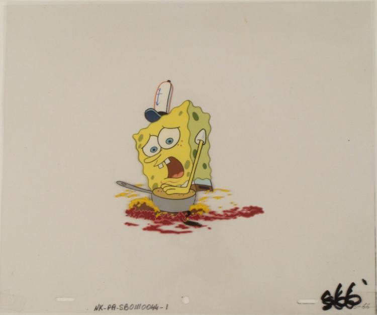 Original Cel Spongebob SQUASHED Animation Art: This original animation cel is from the Nickelodeon TV show SpongeBob Squarepants. The story takes place under the deep blue sea in Bikini Bottom, where SpongeBob resides. Sp