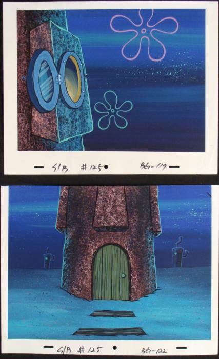 2 SpongeBob Orig Backgrounds Animation Squidwards House: These are 2 original hand-painted backgrounds from the Nickelodeon television show SpongeBob Squarepants. The story takes place under the deep blue sea in Bikini Bottom, wher