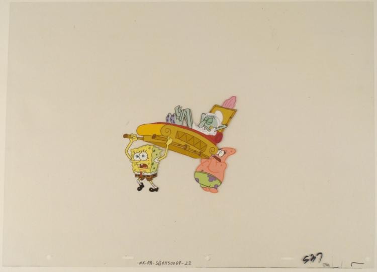 Animation Spongebob Art Too Heavy Cel Original: This original animation cel is from the Nickelodeon TV show SpongeBob Squarepants. The story takes place under the deep blue sea in Bikini Bottom, where SpongeBob resides. Sp