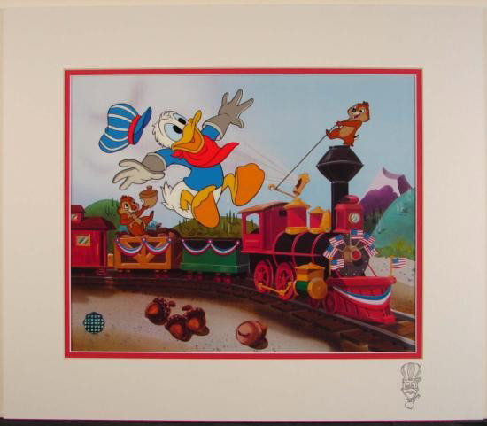 DONALD DUCK LE Cel Art TRAIN GANG Chip & Dale DISNEY: Inspired by Walt Disney's 1951 animated short, Out of Scale , this Limited Edition Sericel features a modern Donald Duck and the two mischievous chipmunks, Chip and Dale, riding a train run amuck! Viv
