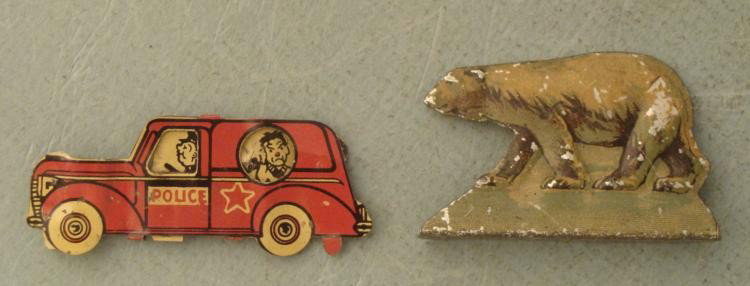 2 Tin Litho Advertising Toy Police Car, Zig Zag Bear: These are both litho tin items, about 1 1/2" long. One is a police car paddy wagon with clown in the back. It is a two piece that is made to slide, although it is bent so it doesn't really move. But t
