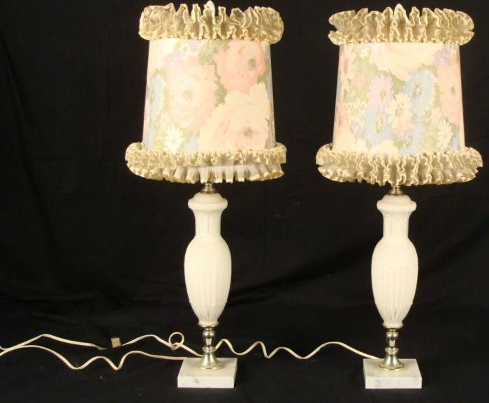 Pair Antique White Glass Table Lamps w/ Shades: This pair of vintage white glass lamps features bases that are similar to milk glass, only with more clear covering. The glass has graceful raised patterns. Each has a 4" square light gray marble base