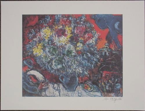 After Chagall BOUQUET DE FLEUR ET AMANTS Fine Art Print: Offered here is a limited edition lithographic recreation of Bouquet de Fleur et Amants (Bouquet of Flowers and Lovers) by the beloved Russian born French artist Marc Chagall: * Bright white linen tex