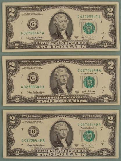 3 Consecutive # 2003 A $2 Bills Notes G Mint Chicago CU: (3) 2003-A $2 bills, with consecutive serial numbers * * Mint mark: G (Chicago) * Grade: Crisp Uncirculated * Note: Number shown may be different from the number you receive