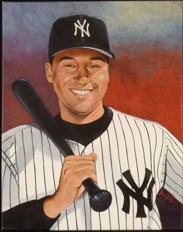 Leon Wolf Original Signed Painting Derek Jeter Yankees: Here is an original painting of loyal Yankee Derek Jeter. He is portrayed with a winning smile in this nicely executed portrait. * * Artist: Leon Wolf Signature: Signed by the artist in paint, lower r