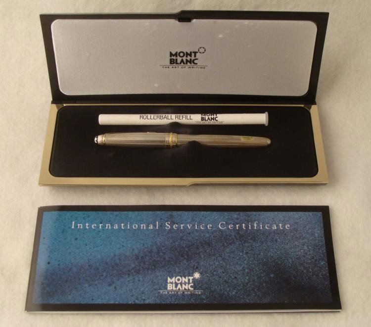 Montblanc 925 Silver Solitaire Rollerball Pen, Case COA: This is the 925 silver Mont Blanc Meisterstruck Solitaire roller ball pen. It is in very fine condition in the original case, with original foil sticker marked W. Germany, dating it from pre-1988. Als