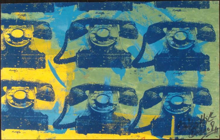 Bobby Hill Original Signed Painting Antique Telephones: This is an original Pop Art painting of by noted urban artist Bobby Hill. * These old school telephones look proud and stylish, on an energetic background of light blue, green, and yellow. * * Artist: