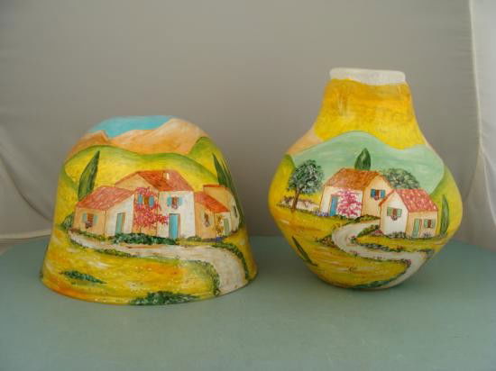 Novaro Signed Hand Painted French Art Glass Sculpture: This two piece art glass sculpture was hand crafted by the French master glass artist Novaro. It it also hand painted with lovely images of rolling countryside in the south of France, with small house