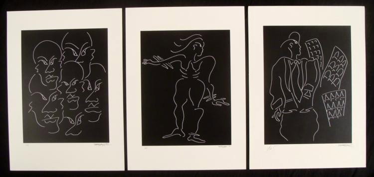 3 Jeffrey Glenn Reese Signed Original Art Prints: With their stark white on black outlines and flowing forms, these three art prints are very expressive portraits. * Artist: Jeffrey Glenn Reese Size: 12 x 16 1/2 inches Condition: Excellent Mediu