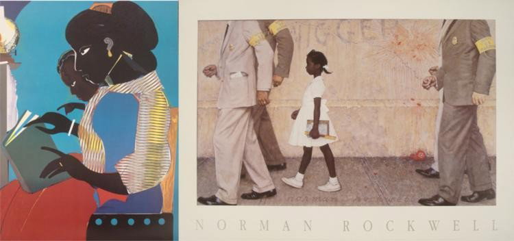 2 African American Art Prints Rockwell, Romare Bearden: These two art prints both portray different African American subjects. This print is a famous scene of little Ruby Bridges who entered first grade on the first day of desegregation. * Artist: Norman R