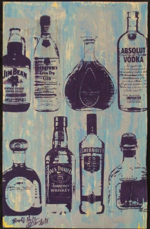 Bobby Hill Original Signed Painting Bottles Blue II: This is an original Pop Art painting of by noted urban artist Bobby Hill. * These liquor bottles, with pastel streaks of blue and lilac, appear as if they're in a glass cabinet. * * Artist: Bobby Hill