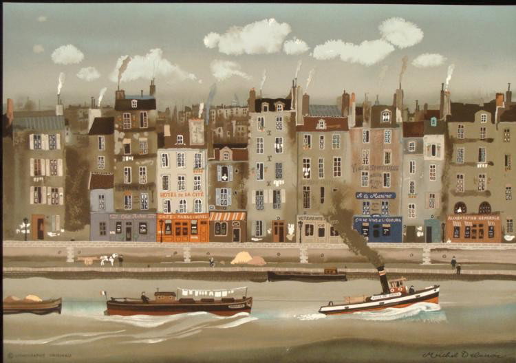 Michel Delacroix Original Art Print Le Remorqueur: This original Delacroix print shows a tugboat pulling a couple boats along the shore. * * Artist: Michel DelacroixSignature: In the plateTitle: Le RemorqueurEdition: Open; plates destroyed, out of pri